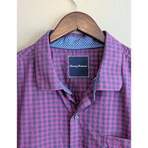 Tommy Bahama Mens XL Pima Cotton Red Blue Plaid Check Button Down Shirt Casual